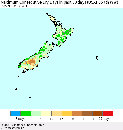 New Zealand Maximum Consecutive Dry Days in past 30 days (USAF 557th WW) 10/20/2021 Thematic Map For 10/16/2021 - 10/20/2021