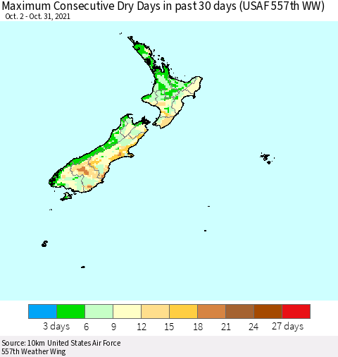 New Zealand Maximum Consecutive Dry Days in past 30 days (USAF 557th WW) 10/31/2021 Thematic Map For 10/26/2021 - 10/31/2021