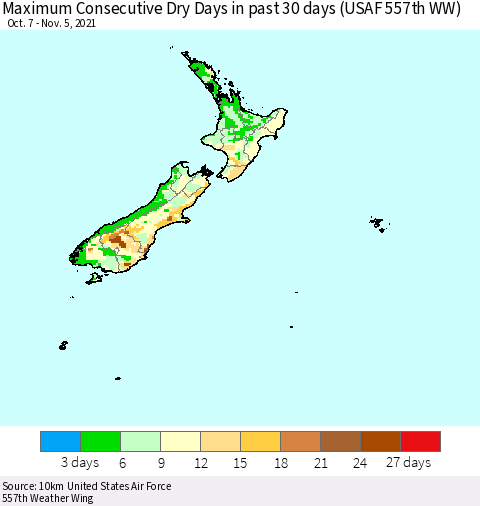 New Zealand Maximum Consecutive Dry Days in past 30 days (USAF 557th WW) 11/05/2021 Thematic Map For 11/1/2021 - 11/5/2021