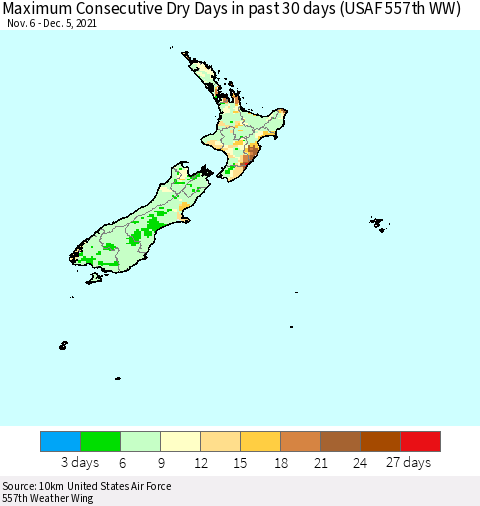 New Zealand Maximum Consecutive Dry Days in past 30 days (USAF 557th WW) 12/05/2021 Thematic Map For 12/1/2021 - 12/5/2021