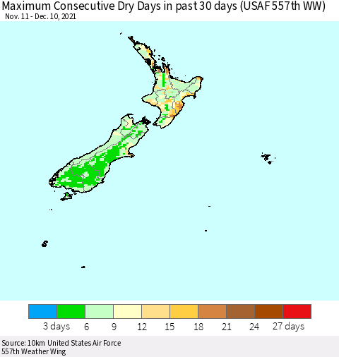 New Zealand Maximum Consecutive Dry Days in past 30 days (USAF 557th WW) 12/10/2021 Thematic Map For 12/6/2021 - 12/10/2021