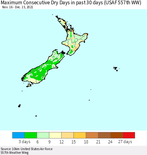 New Zealand Maximum Consecutive Dry Days in past 30 days (USAF 557th WW) 12/15/2021 Thematic Map For 12/11/2021 - 12/15/2021