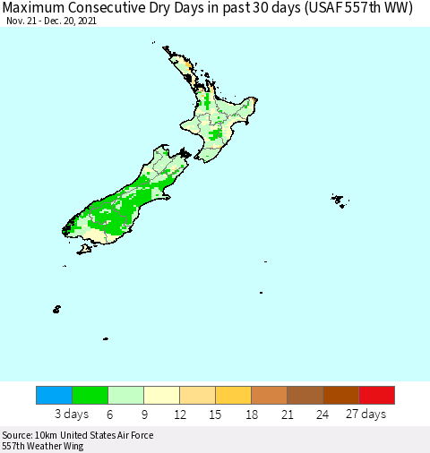 New Zealand Maximum Consecutive Dry Days in past 30 days (USAF 557th WW) 12/20/2021 Thematic Map For 12/16/2021 - 12/20/2021