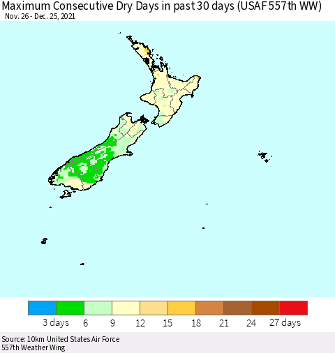 New Zealand Maximum Consecutive Dry Days in past 30 days (USAF 557th WW) 12/25/2021 Thematic Map For 12/21/2021 - 12/25/2021