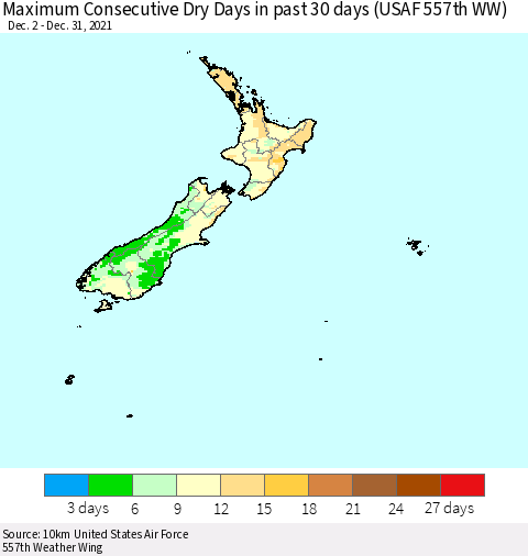 New Zealand Maximum Consecutive Dry Days in past 30 days (USAF 557th WW) 12/31/2021 Thematic Map For 12/26/2021 - 12/31/2021