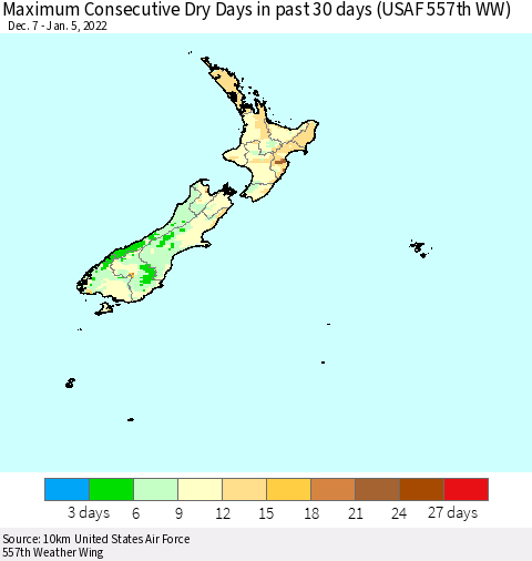 New Zealand Maximum Consecutive Dry Days in past 30 days (USAF 557th WW) 01/05/2022 Thematic Map For 1/1/2022 - 1/5/2022
