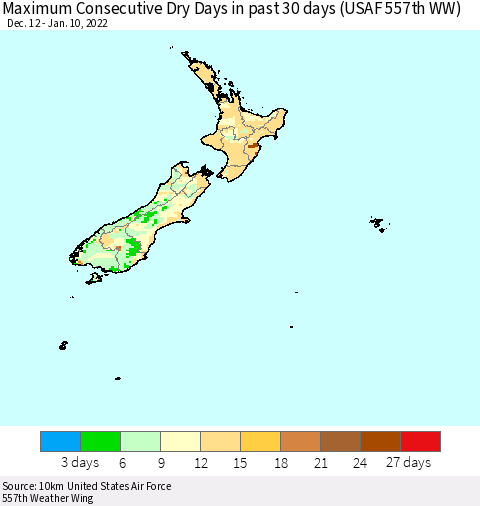 New Zealand Maximum Consecutive Dry Days in past 30 days (USAF 557th WW) 01/10/2022 Thematic Map For 1/6/2022 - 1/10/2022
