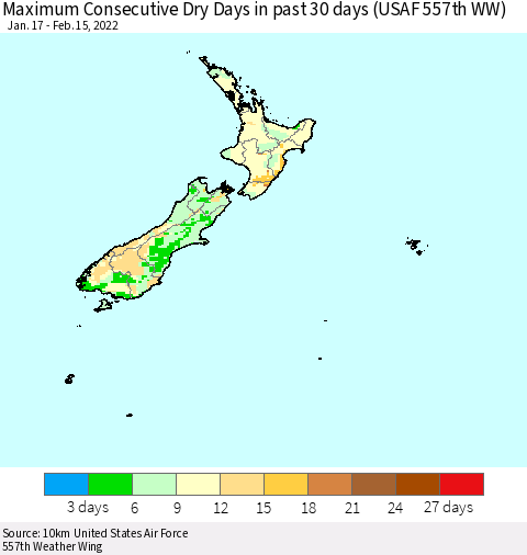 New Zealand Maximum Consecutive Dry Days in past 30 days (USAF 557th WW) 02/15/2022 Thematic Map For 2/11/2022 - 2/15/2022