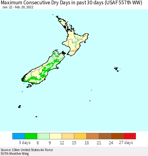 New Zealand Maximum Consecutive Dry Days in past 30 days (USAF 557th WW) 02/20/2022 Thematic Map For 2/16/2022 - 2/20/2022