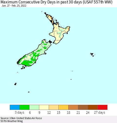 New Zealand Maximum Consecutive Dry Days in past 30 days (USAF 557th WW) 02/25/2022 Thematic Map For 2/21/2022 - 2/25/2022