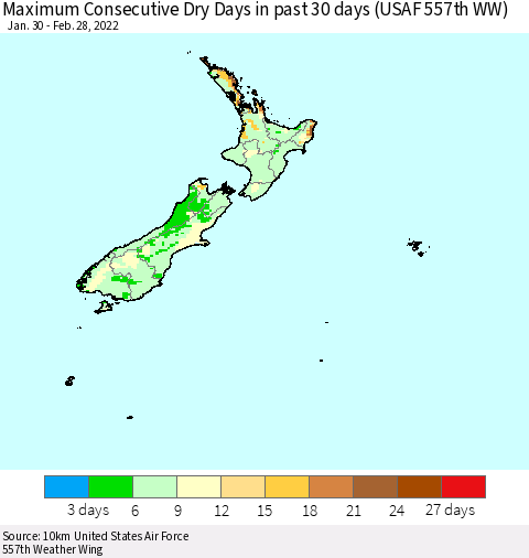 New Zealand Maximum Consecutive Dry Days in past 30 days (USAF 557th WW) 02/28/2022 Thematic Map For 2/26/2022 - 2/28/2022