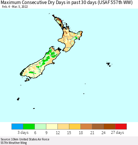 New Zealand Maximum Consecutive Dry Days in past 30 days (USAF 557th WW) 03/05/2022 Thematic Map For 3/1/2022 - 3/5/2022