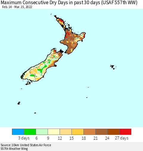 New Zealand Maximum Consecutive Dry Days in past 30 days (USAF 557th WW) 03/15/2022 Thematic Map For 3/11/2022 - 3/15/2022