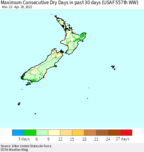 New Zealand Maximum Consecutive Dry Days in past 30 days (USAF 557th WW) 04/20/2022 Thematic Map For 4/16/2022 - 4/20/2022