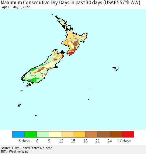 New Zealand Maximum Consecutive Dry Days in past 30 days (USAF 557th WW) 05/05/2022 Thematic Map For 5/1/2022 - 5/5/2022