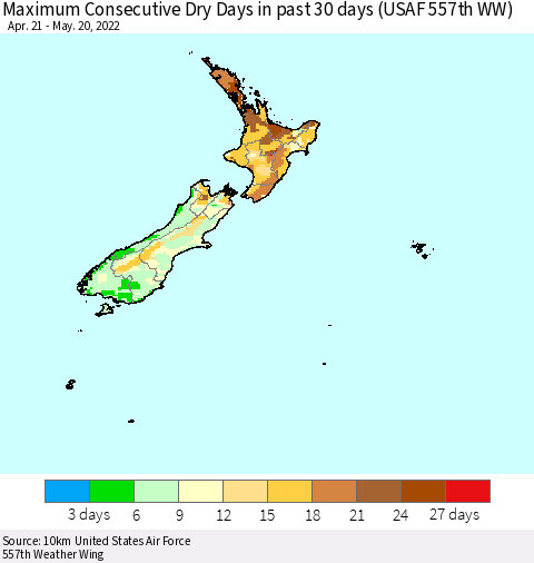 New Zealand Maximum Consecutive Dry Days in past 30 days (USAF 557th WW) 05/20/2022 Thematic Map For 5/16/2022 - 5/20/2022