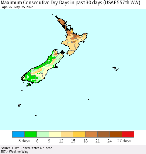 New Zealand Maximum Consecutive Dry Days in past 30 days (USAF 557th WW) 05/25/2022 Thematic Map For 5/21/2022 - 5/25/2022