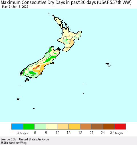 New Zealand Maximum Consecutive Dry Days in past 30 days (USAF 557th WW) 06/05/2022 Thematic Map For 6/1/2022 - 6/5/2022