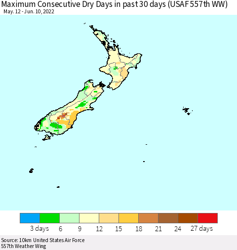 New Zealand Maximum Consecutive Dry Days in past 30 days (USAF 557th WW) 06/10/2022 Thematic Map For 6/6/2022 - 6/10/2022