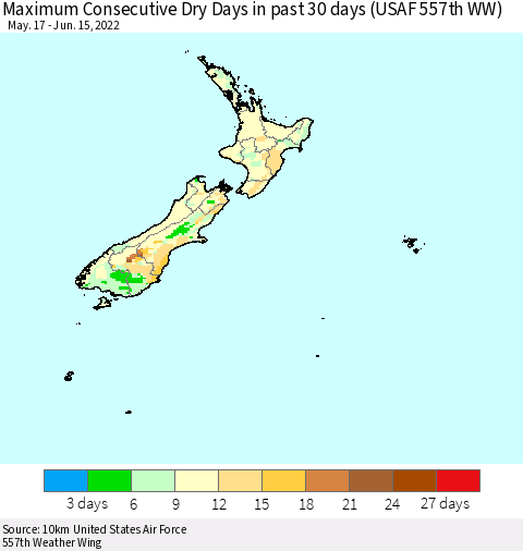 New Zealand Maximum Consecutive Dry Days in past 30 days (USAF 557th WW) 06/15/2022 Thematic Map For 6/11/2022 - 6/15/2022
