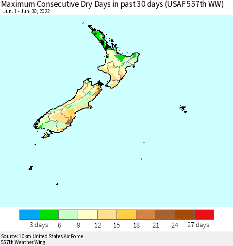 New Zealand Maximum Consecutive Dry Days in past 30 days (USAF 557th WW) 06/30/2022 Thematic Map For 6/26/2022 - 6/30/2022