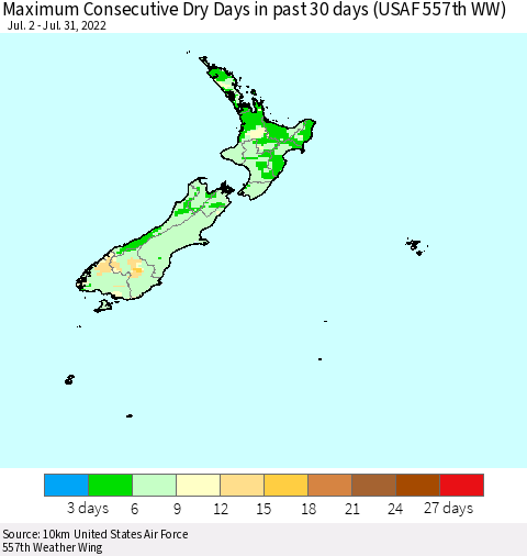 New Zealand Maximum Consecutive Dry Days in past 30 days (USAF 557th WW) 07/31/2022 Thematic Map For 7/26/2022 - 7/31/2022