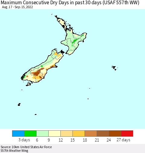 New Zealand Maximum Consecutive Dry Days in past 30 days (USAF 557th WW) 09/15/2022 Thematic Map For 9/11/2022 - 9/15/2022