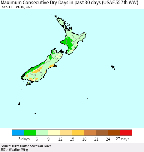 New Zealand Maximum Consecutive Dry Days in past 30 days (USAF 557th WW) 10/10/2022 Thematic Map For 10/6/2022 - 10/10/2022