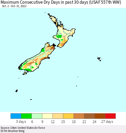 New Zealand Maximum Consecutive Dry Days in past 30 days (USAF 557th WW) 10/31/2022 Thematic Map For 10/26/2022 - 10/31/2022