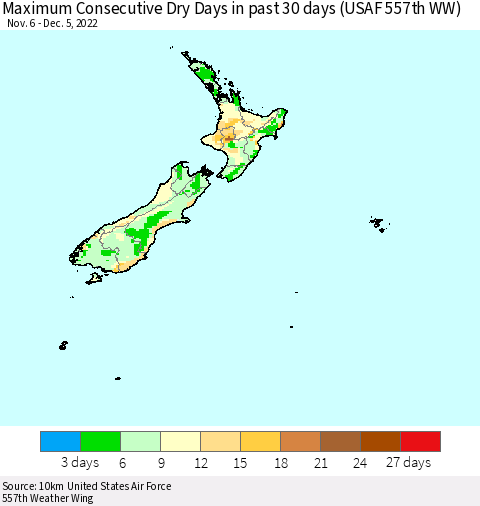 New Zealand Maximum Consecutive Dry Days in past 30 days (USAF 557th WW) 12/05/2022 Thematic Map For 12/1/2022 - 12/5/2022