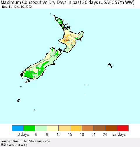 New Zealand Maximum Consecutive Dry Days in past 30 days (USAF 557th WW) 12/10/2022 Thematic Map For 12/6/2022 - 12/10/2022