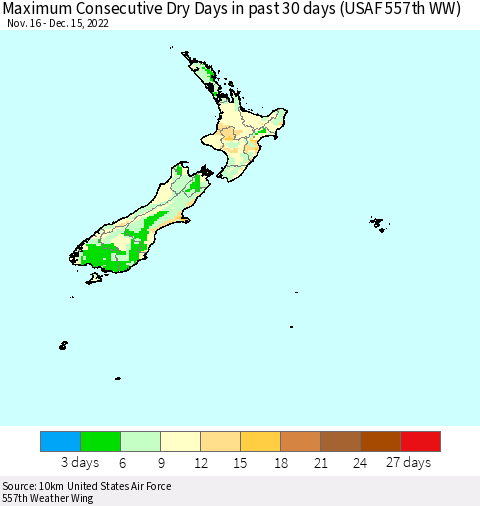New Zealand Maximum Consecutive Dry Days in past 30 days (USAF 557th WW) 12/15/2022 Thematic Map For 12/11/2022 - 12/15/2022