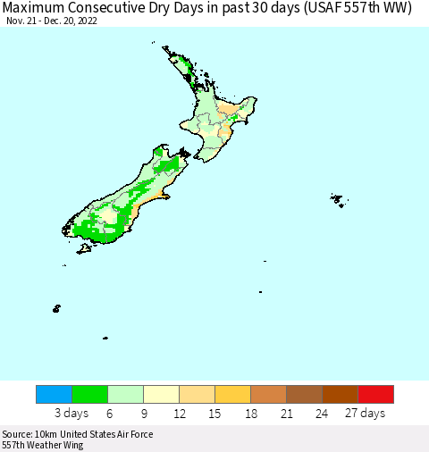 New Zealand Maximum Consecutive Dry Days in past 30 days (USAF 557th WW) 12/20/2022 Thematic Map For 12/16/2022 - 12/20/2022