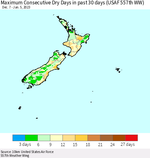 New Zealand Maximum Consecutive Dry Days in past 30 days (USAF 557th WW) 01/05/2023 Thematic Map For 1/1/2023 - 1/5/2023