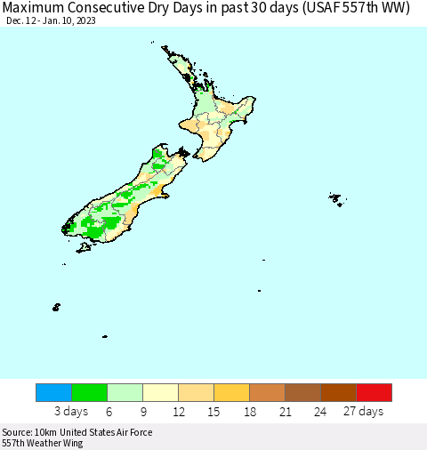New Zealand Maximum Consecutive Dry Days in past 30 days (USAF 557th WW) 01/10/2023 Thematic Map For 1/6/2023 - 1/10/2023