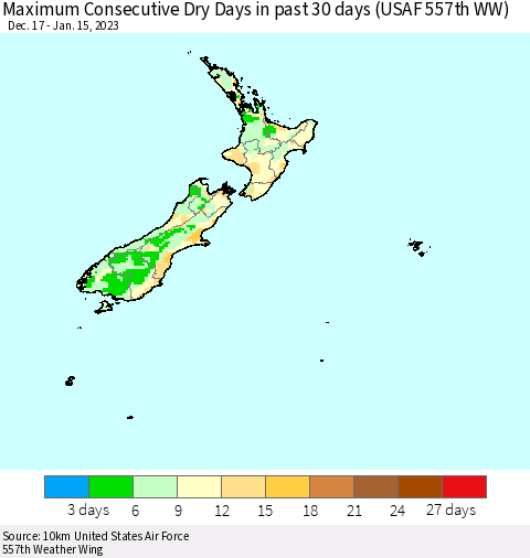 New Zealand Maximum Consecutive Dry Days in past 30 days (USAF 557th WW) 01/15/2023 Thematic Map For 1/11/2023 - 1/15/2023