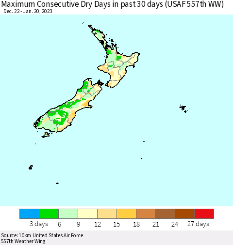 New Zealand Maximum Consecutive Dry Days in past 30 days (USAF 557th WW) 01/20/2023 Thematic Map For 1/16/2023 - 1/20/2023