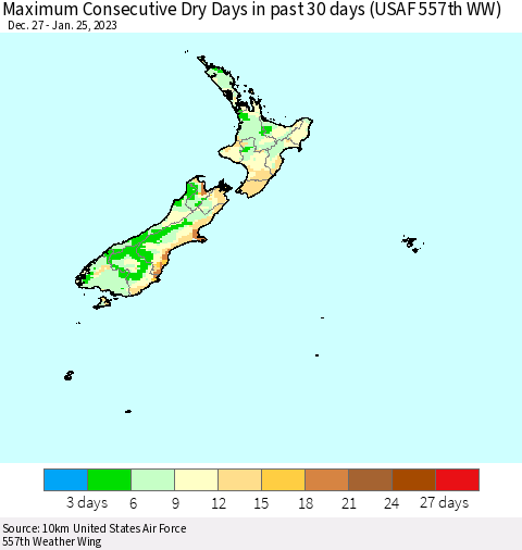 New Zealand Maximum Consecutive Dry Days in past 30 days (USAF 557th WW) 01/25/2023 Thematic Map For 1/21/2023 - 1/25/2023