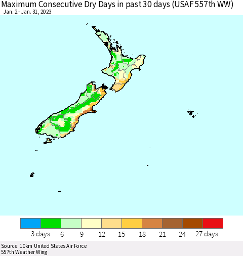 New Zealand Maximum Consecutive Dry Days in past 30 days (USAF 557th WW) 01/31/2023 Thematic Map For 1/26/2023 - 1/31/2023