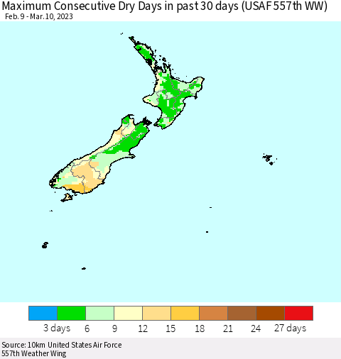 New Zealand Maximum Consecutive Dry Days in past 30 days (USAF 557th WW) 03/10/2023 Thematic Map For 3/6/2023 - 3/10/2023