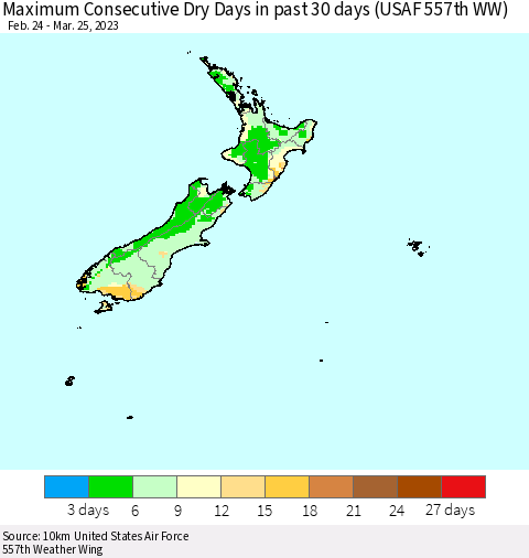 New Zealand Maximum Consecutive Dry Days in past 30 days (USAF 557th WW) 03/25/2023 Thematic Map For 3/21/2023 - 3/25/2023