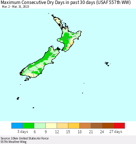New Zealand Maximum Consecutive Dry Days in past 30 days (USAF 557th WW) 03/31/2023 Thematic Map For 3/26/2023 - 3/31/2023