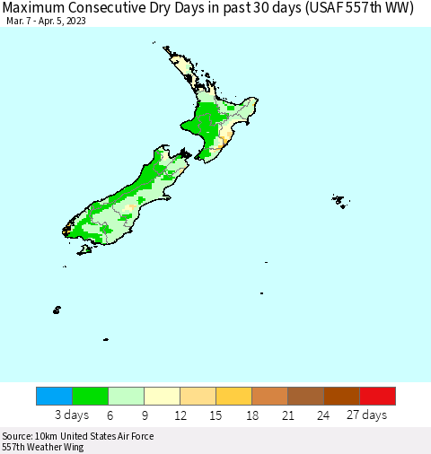 New Zealand Maximum Consecutive Dry Days in past 30 days (USAF 557th WW) 04/05/2023 Thematic Map For 4/1/2023 - 4/5/2023