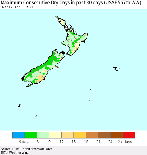 New Zealand Maximum Consecutive Dry Days in past 30 days (USAF 557th WW) 04/10/2023 Thematic Map For 4/6/2023 - 4/10/2023
