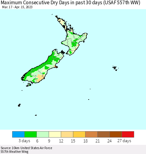 New Zealand Maximum Consecutive Dry Days in past 30 days (USAF 557th WW) 04/15/2023 Thematic Map For 4/11/2023 - 4/15/2023
