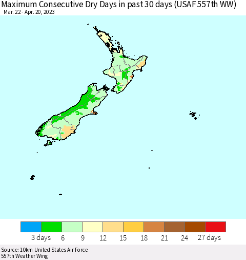 New Zealand Maximum Consecutive Dry Days in past 30 days (USAF 557th WW) 04/20/2023 Thematic Map For 4/16/2023 - 4/20/2023