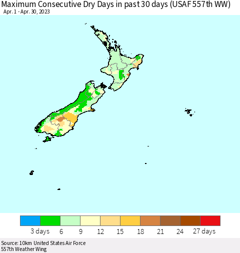 New Zealand Maximum Consecutive Dry Days in past 30 days (USAF 557th WW) 04/30/2023 Thematic Map For 4/26/2023 - 4/30/2023