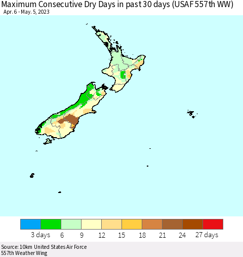 New Zealand Maximum Consecutive Dry Days in past 30 days (USAF 557th WW) 05/05/2023 Thematic Map For 5/1/2023 - 5/5/2023