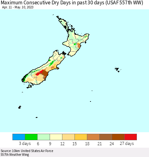 New Zealand Maximum Consecutive Dry Days in past 30 days (USAF 557th WW) 05/10/2023 Thematic Map For 5/6/2023 - 5/10/2023