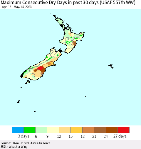 New Zealand Maximum Consecutive Dry Days in past 30 days (USAF 557th WW) 05/15/2023 Thematic Map For 5/11/2023 - 5/15/2023